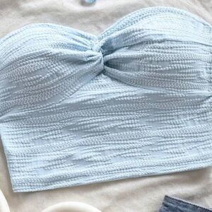 Light Blue Textured Strapless Top